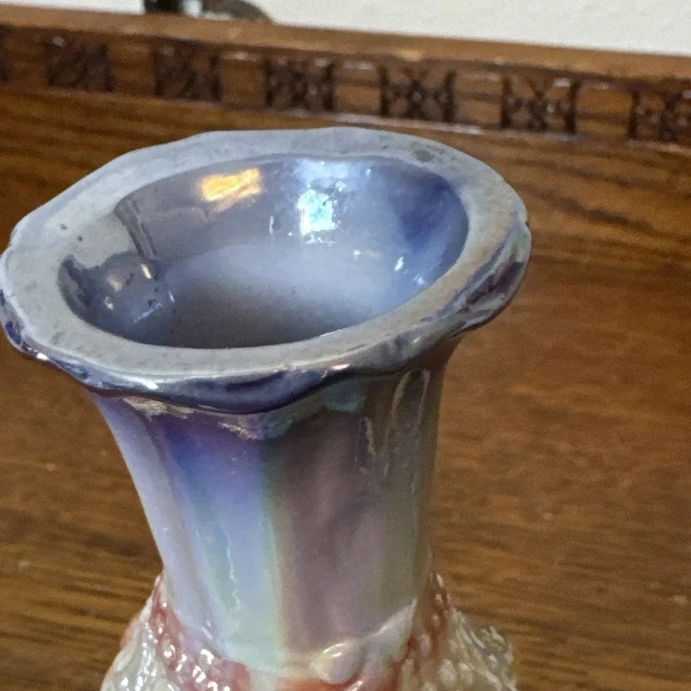 Vintage Pair Iridescent Dolphin Ocean Ceramic Vases 7.5